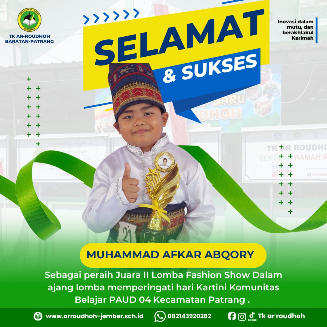 Juara 2 dalam lomba fashion show pada ajang peringatan Hari Kartini yang diselenggarakan oleh Komunitas Belajar PAUD 04 Kecamatan Patrang.
