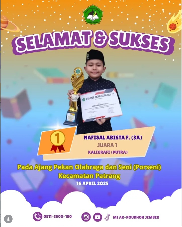 Nafisal Abista F. Raih Juara 1 Kaligrafi Putra pada PORSENI Kecamatan Patrang